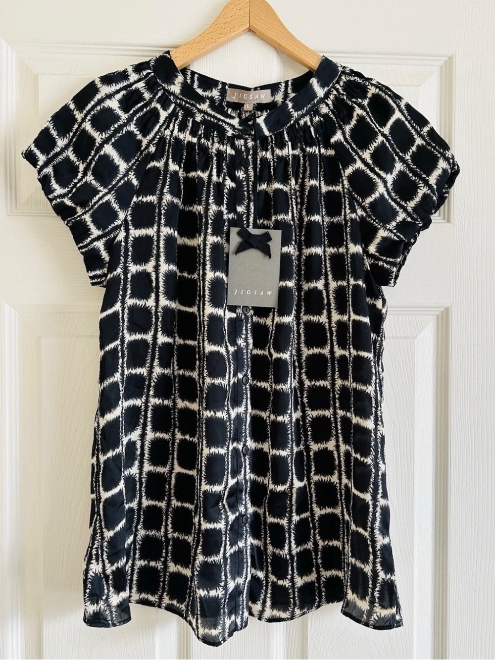 Jigsaw Black and White Grid-Print Short Sleeve Blouse